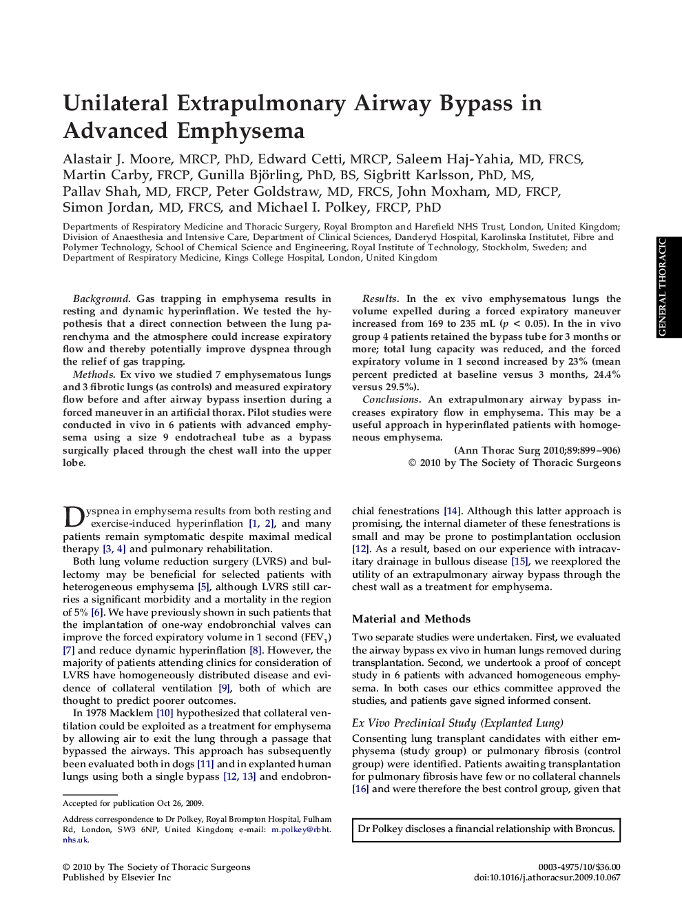 Unilateral Extrapulmonary Airway Bypass in Advanced Emphysema