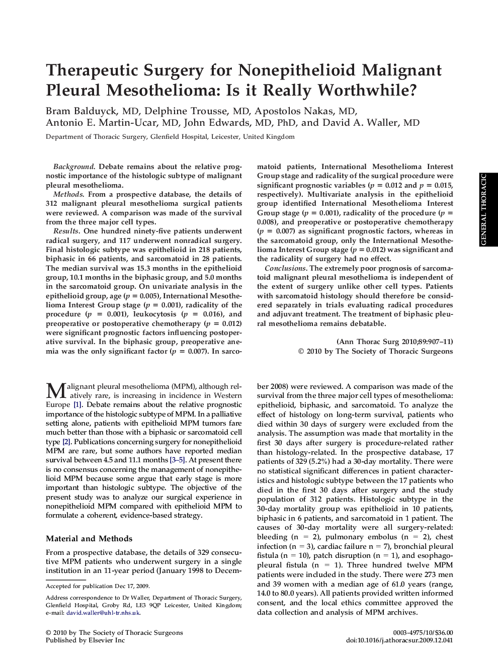 Therapeutic Surgery for Nonepithelioid Malignant Pleural Mesothelioma: Is it Really Worthwhile?
