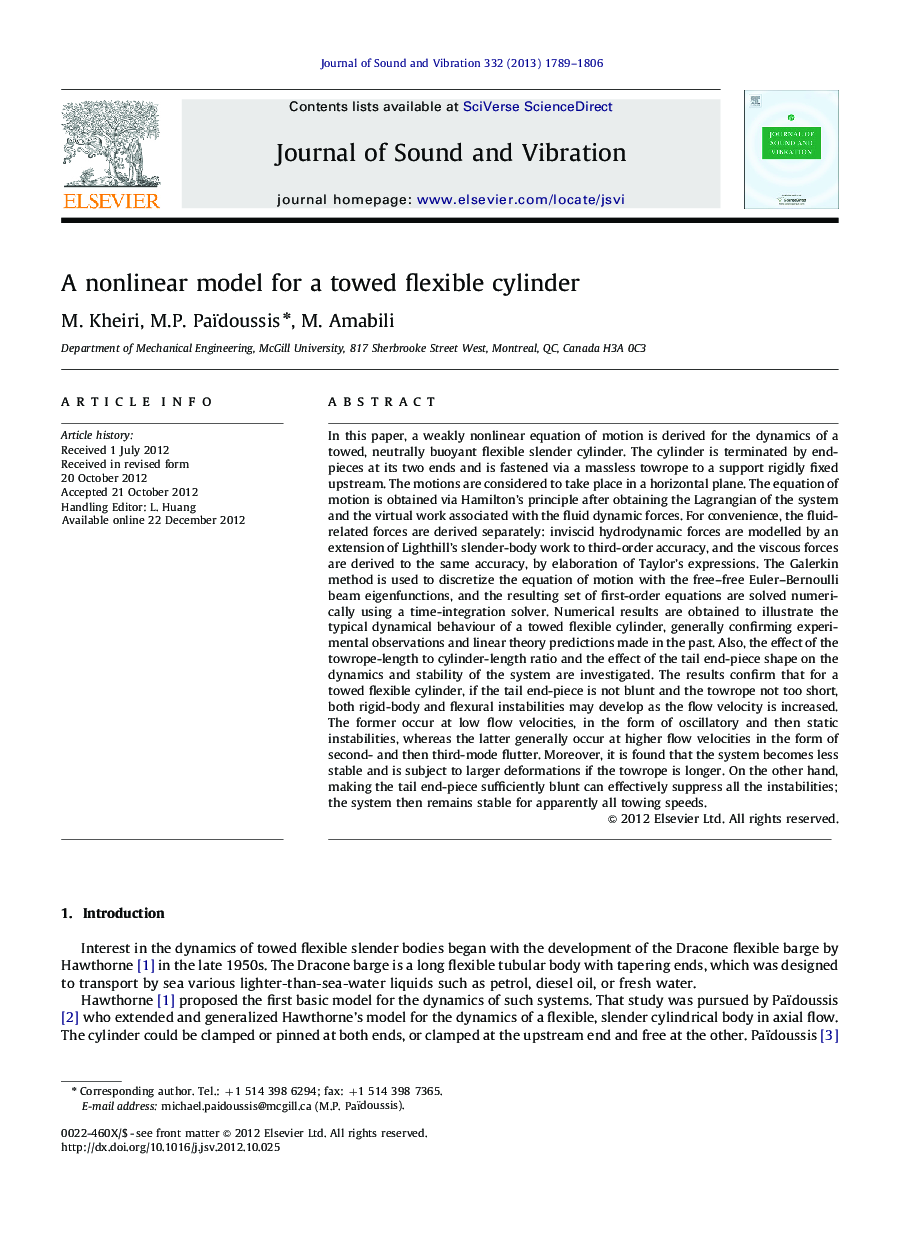 A nonlinear model for a towed flexible cylinder