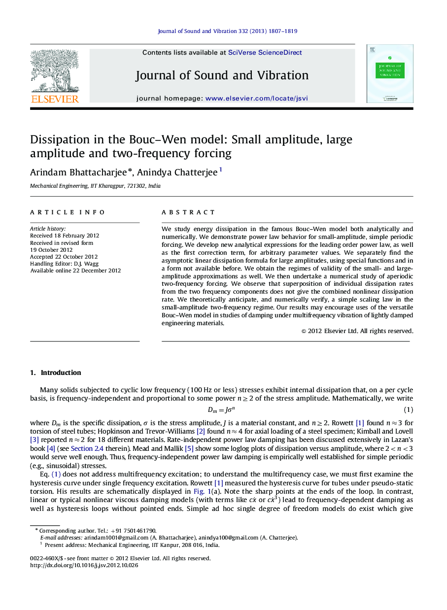 Dissipation in the Bouc–Wen model: Small amplitude, large amplitude and two-frequency forcing