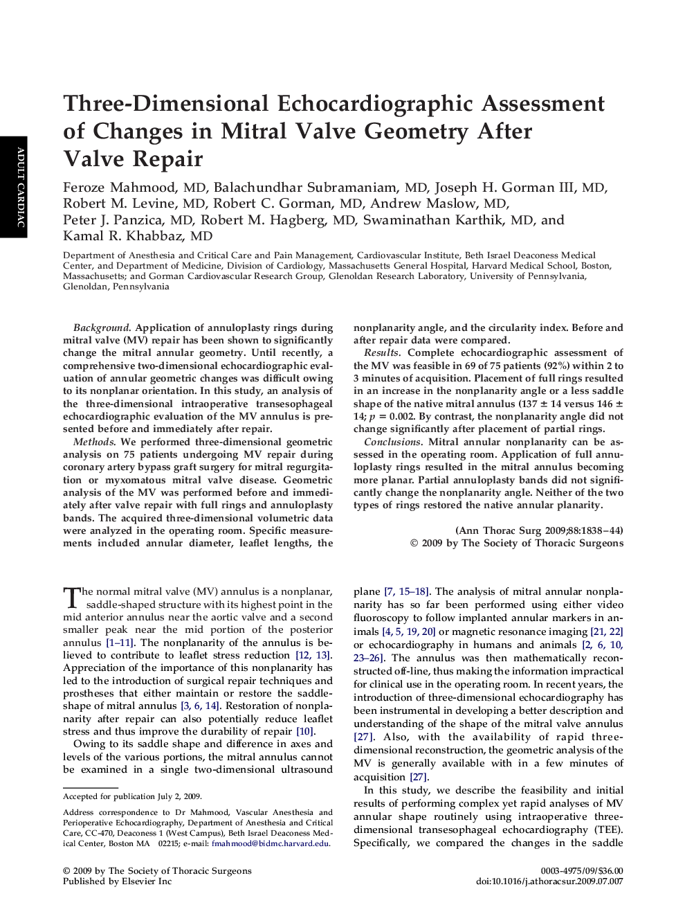 Three-Dimensional Echocardiographic Assessment of Changes in Mitral Valve Geometry After Valve Repair