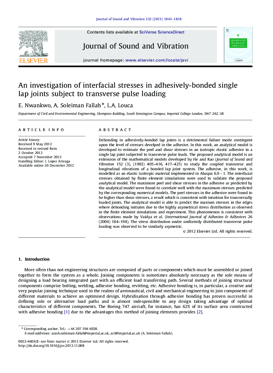 An investigation of interfacial stresses in adhesively-bonded single lap joints subject to transverse pulse loading