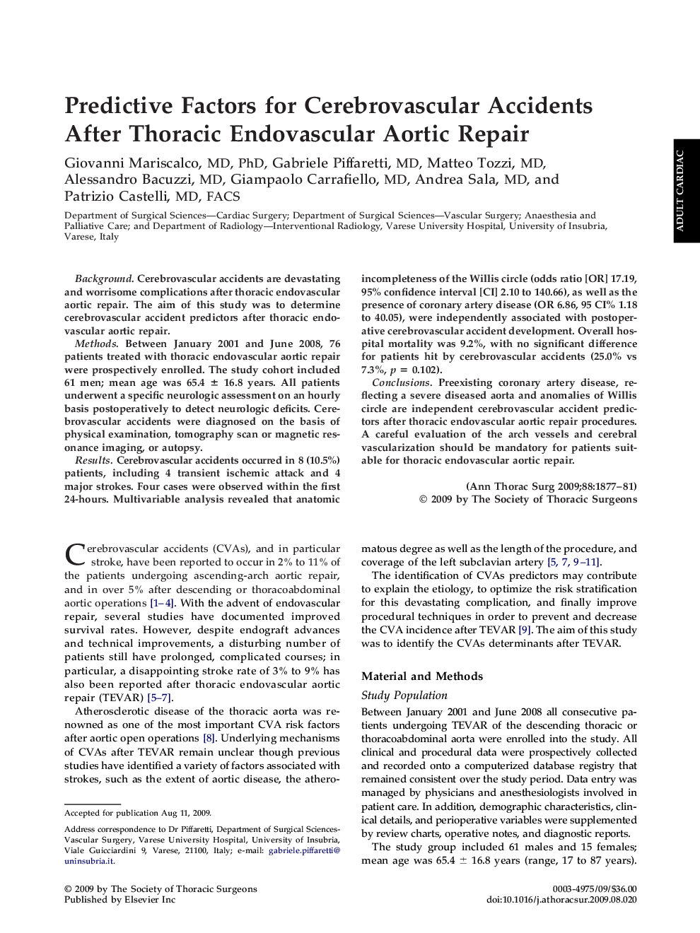 Predictive Factors for Cerebrovascular Accidents After Thoracic Endovascular Aortic Repair
