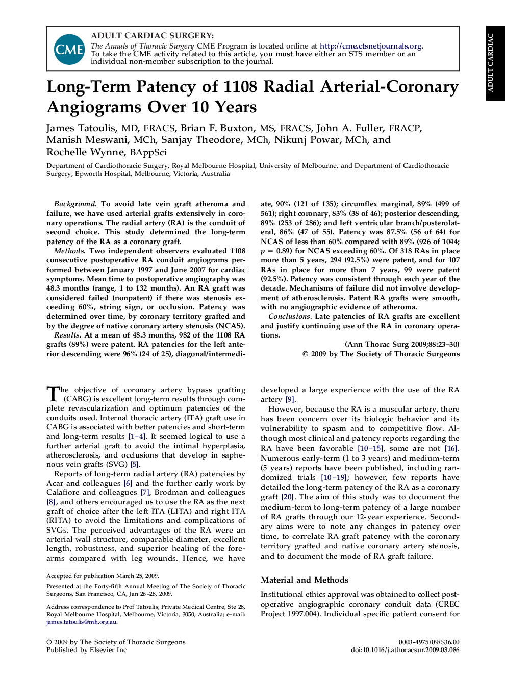 Long-Term Patency of 1108 Radial Arterial-Coronary Angiograms Over 10 Years