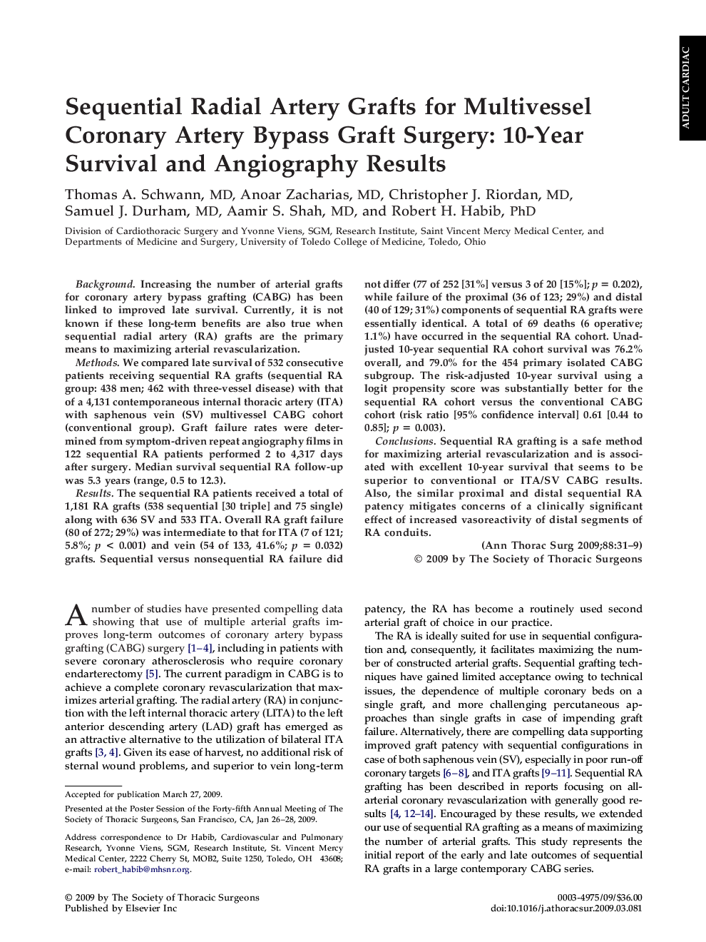 عکس صفحه اول مقاله: Sequential Radial Artery Grafts for Multivessel Coronary Artery Bypass Graft Surgery: 10-Year Survival and Angiography Results Sequential Radial Artery Grafts for Multivessel Coronary Artery Bypass Graft Surgery: 10-Year Survival and Angiography Results