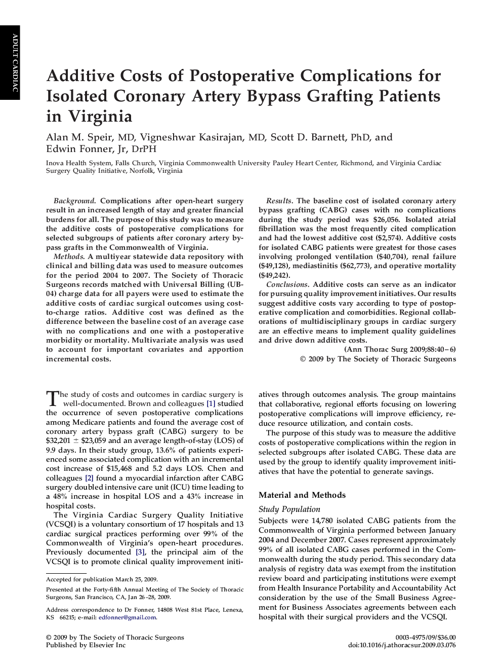 Additive Costs of Postoperative Complications for Isolated Coronary Artery Bypass Grafting Patients in Virginia