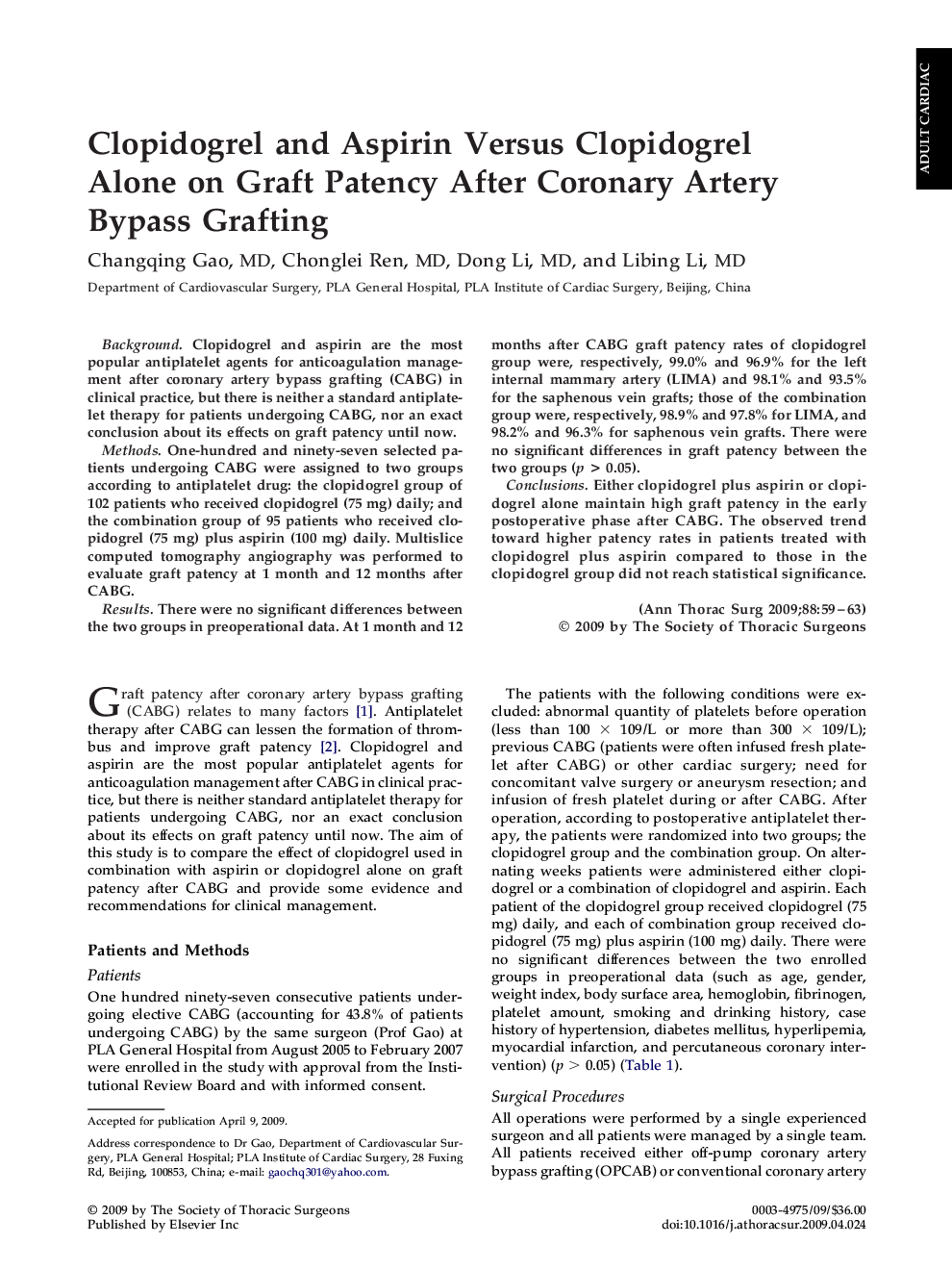 Clopidogrel and Aspirin Versus Clopidogrel Alone on Graft Patency After Coronary Artery Bypass Grafting