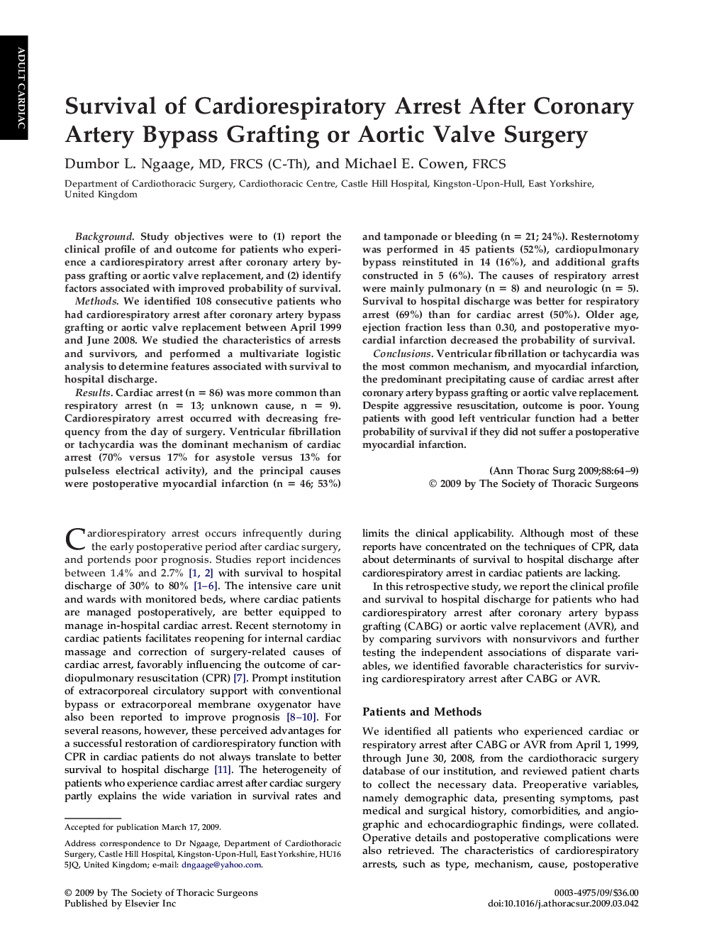 Survival of Cardiorespiratory Arrest After Coronary Artery Bypass Grafting or Aortic Valve Surgery