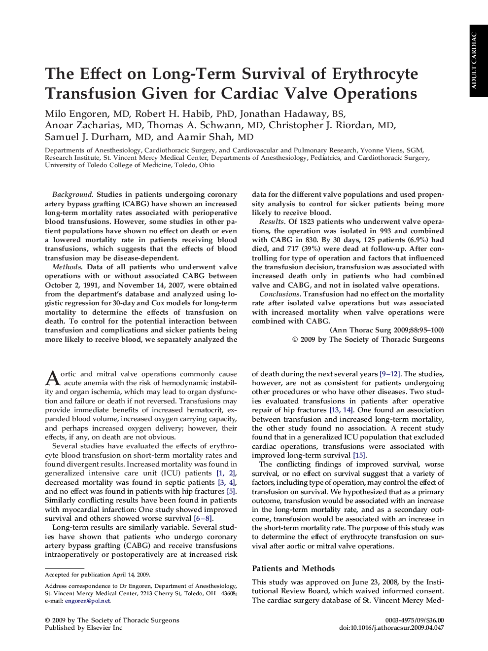 عکس صفحه اول مقاله: The Effect on Long-Term Survival of Erythrocyte Transfusion Given for Cardiac Valve Operations The Effect on Long-Term Survival of Erythrocyte Transfusion Given for Cardiac Valve Operations