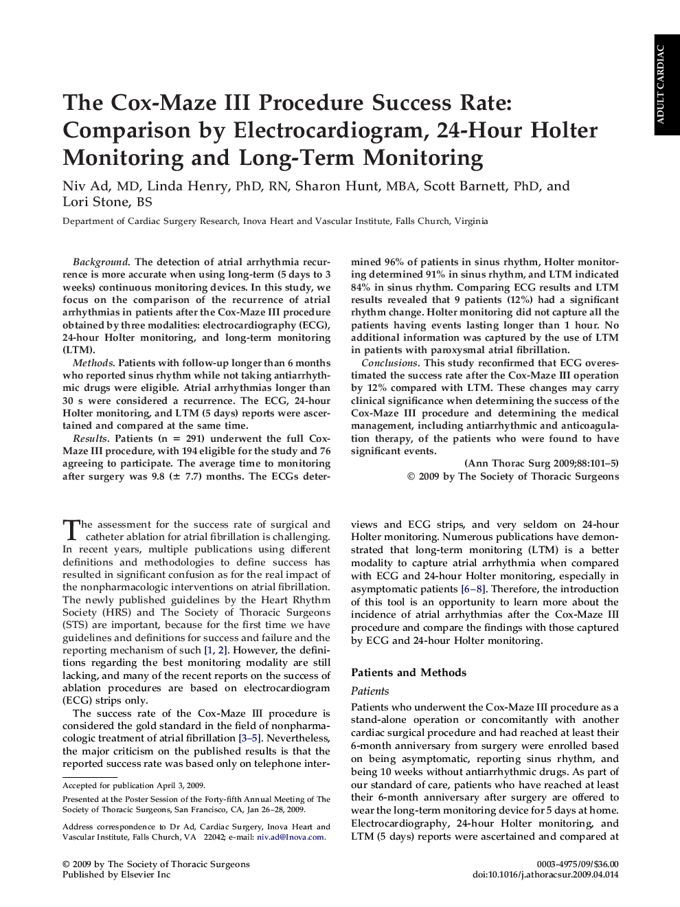 The Cox-Maze III Procedure Success Rate: Comparison by Electrocardiogram, 24-Hour Holter Monitoring and Long-Term Monitoring