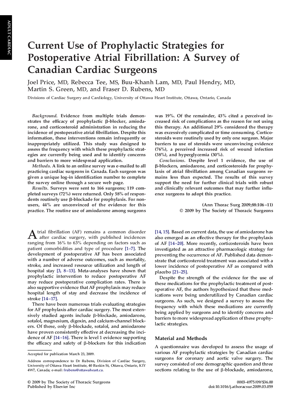 عکس صفحه اول مقاله: Current Use of Prophylactic Strategies for Postoperative Atrial Fibrillation: A Survey of Canadian Cardiac Surgeons Current Use of Prophylactic Strategies for Postoperative Atrial Fibrillation: A Survey of Canadian Cardiac Surgeons