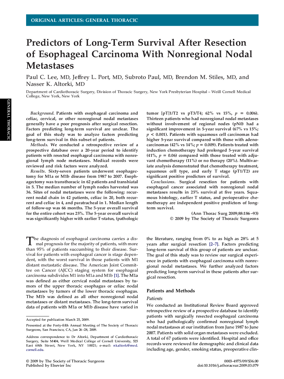 عکس صفحه اول مقاله: Predictors of Long-Term Survival After Resection of Esophageal Carcinoma With Nonregional Nodal Metastases Predictors of Long-Term Survival After Resection of Esophageal Carcinoma With Nonregional Nodal Metastases