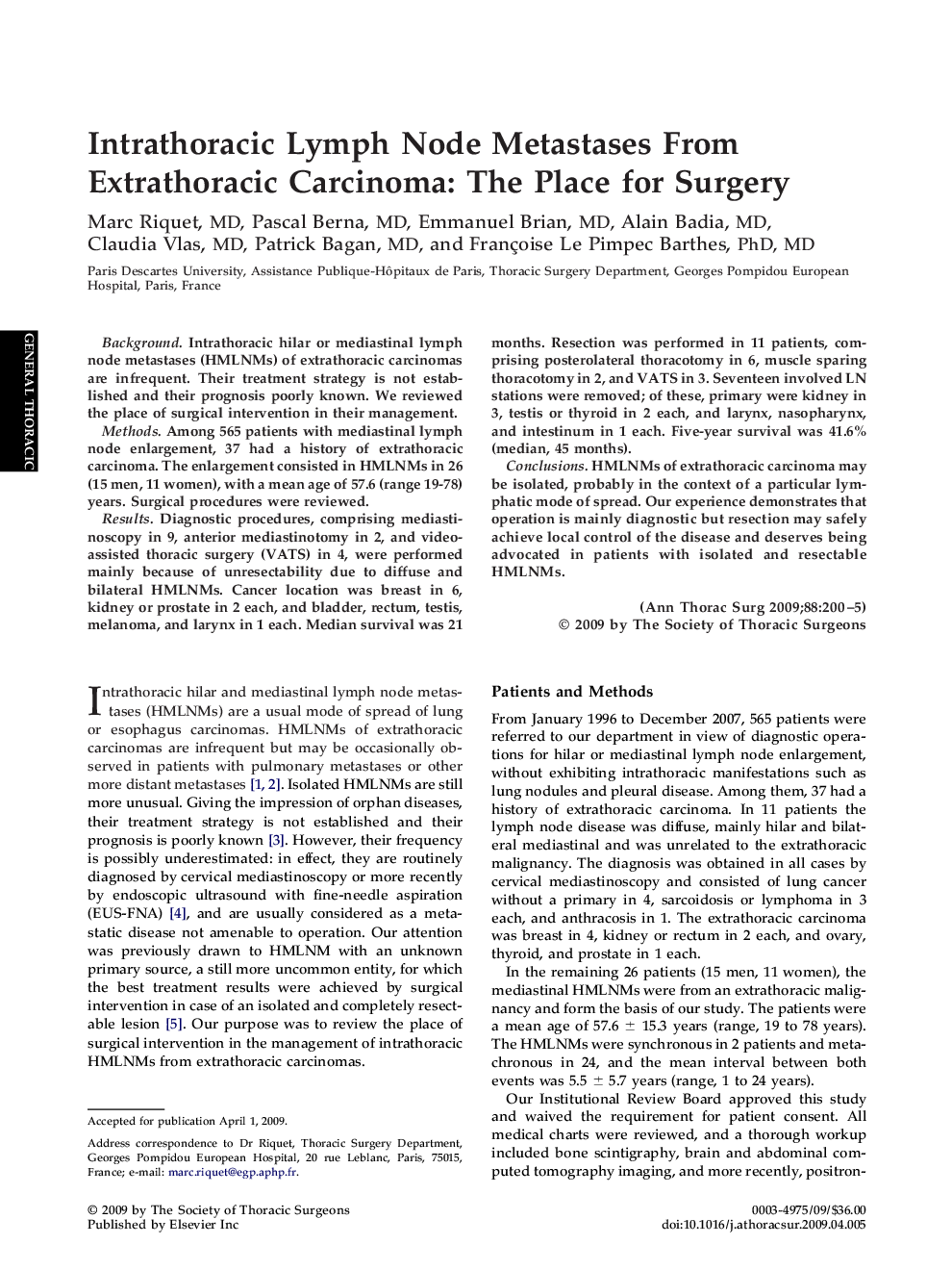 Intrathoracic Lymph Node Metastases From Extrathoracic Carcinoma: The Place for Surgery