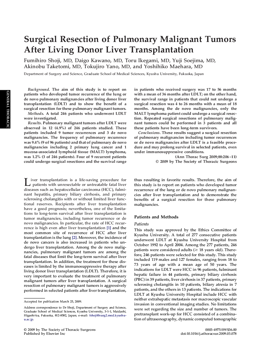 Surgical Resection of Pulmonary Malignant Tumors After Living Donor Liver Transplantation