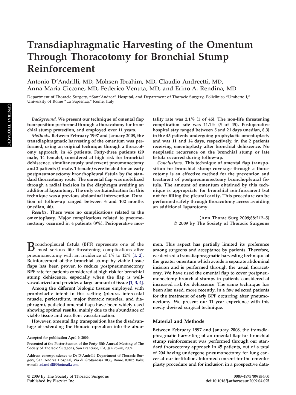 Transdiaphragmatic Harvesting of the Omentum Through Thoracotomy for Bronchial Stump Reinforcement