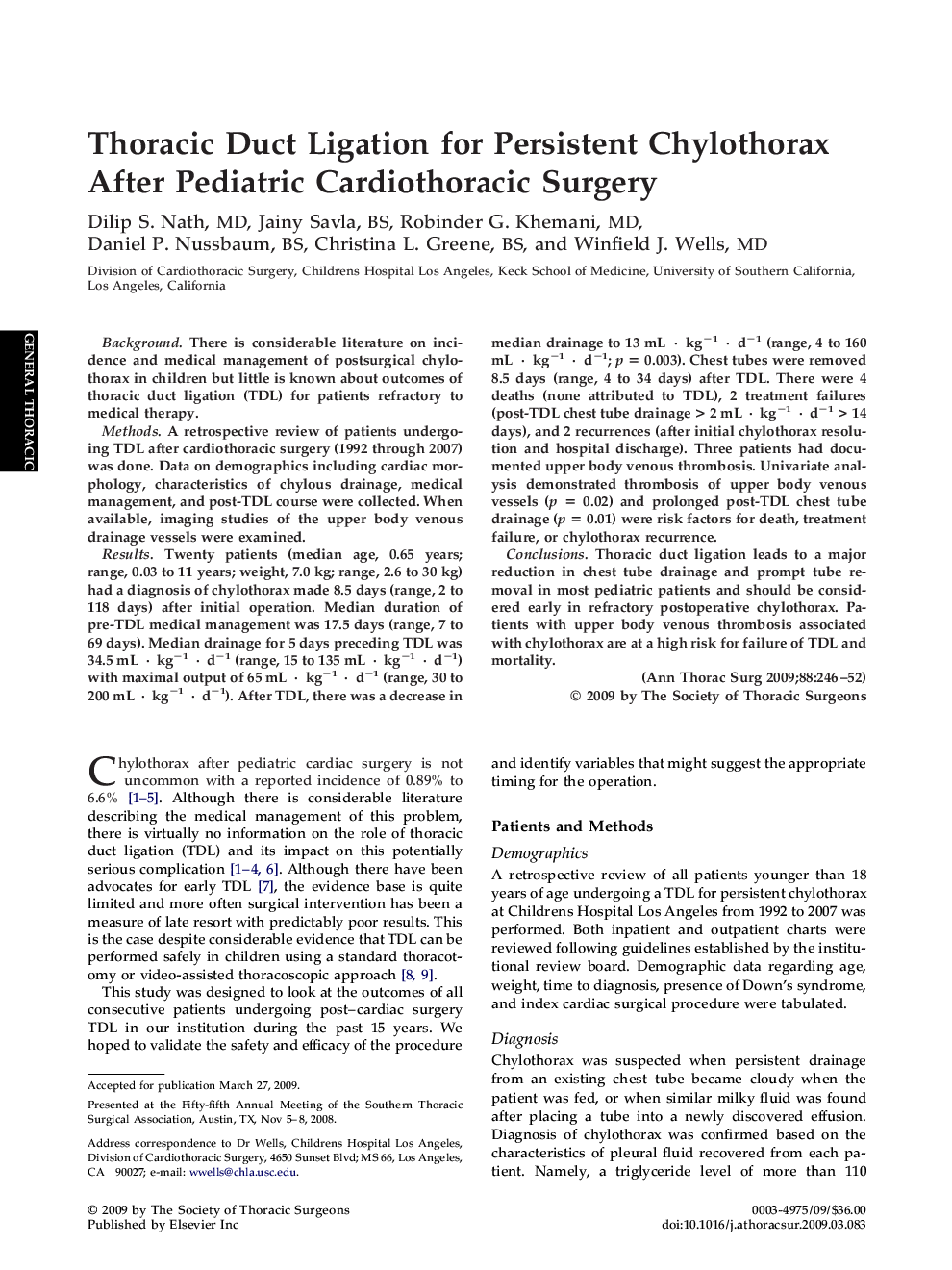 Thoracic Duct Ligation for Persistent Chylothorax After Pediatric Cardiothoracic Surgery