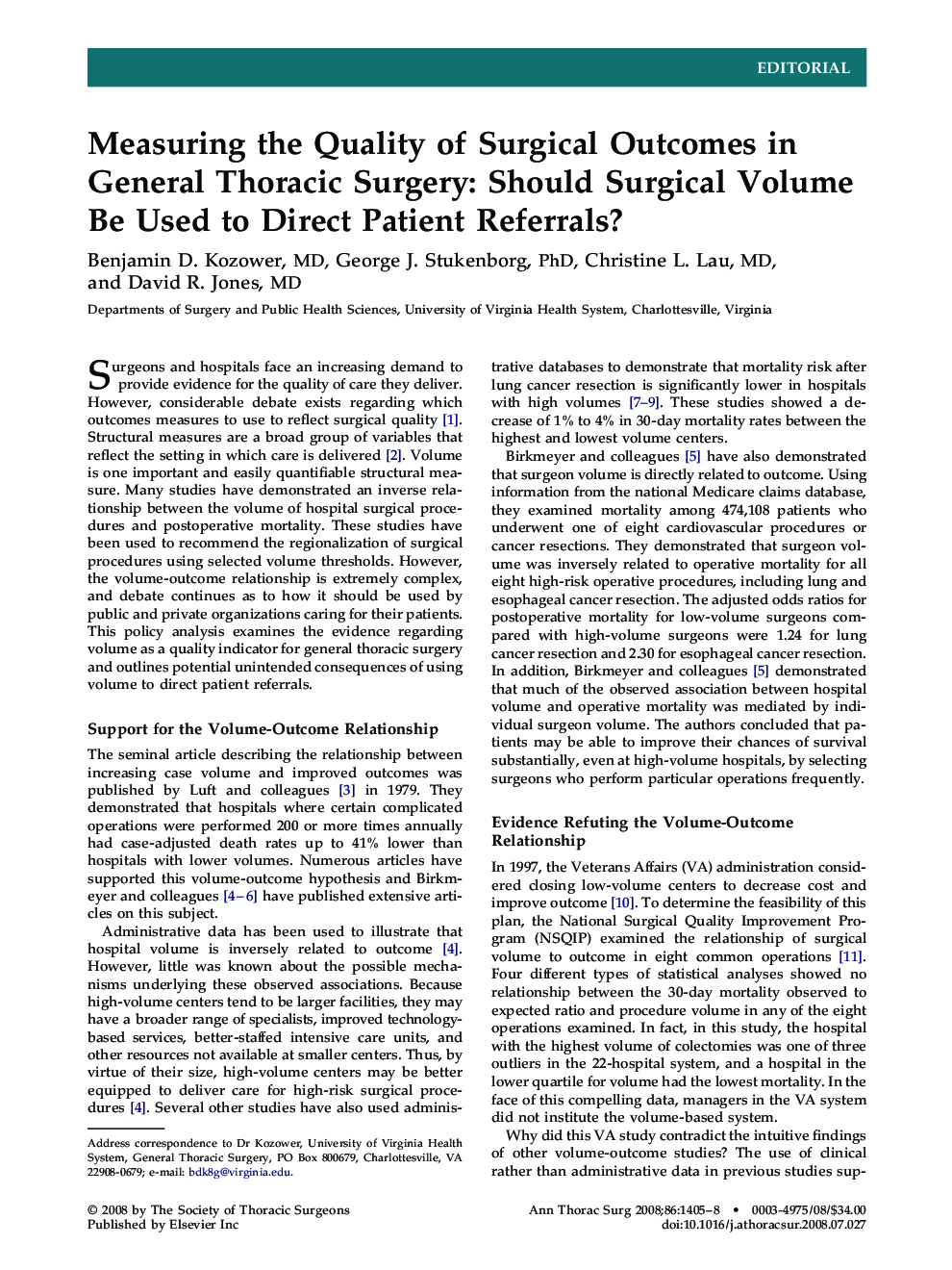Measuring the Quality of Surgical Outcomes in General Thoracic Surgery: Should Surgical Volume Be Used to Direct Patient Referrals?