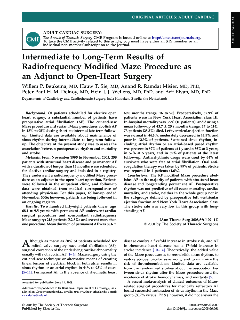 Intermediate to Long-Term Results of Radiofrequency Modified Maze Procedure as an Adjunct to Open-Heart Surgery