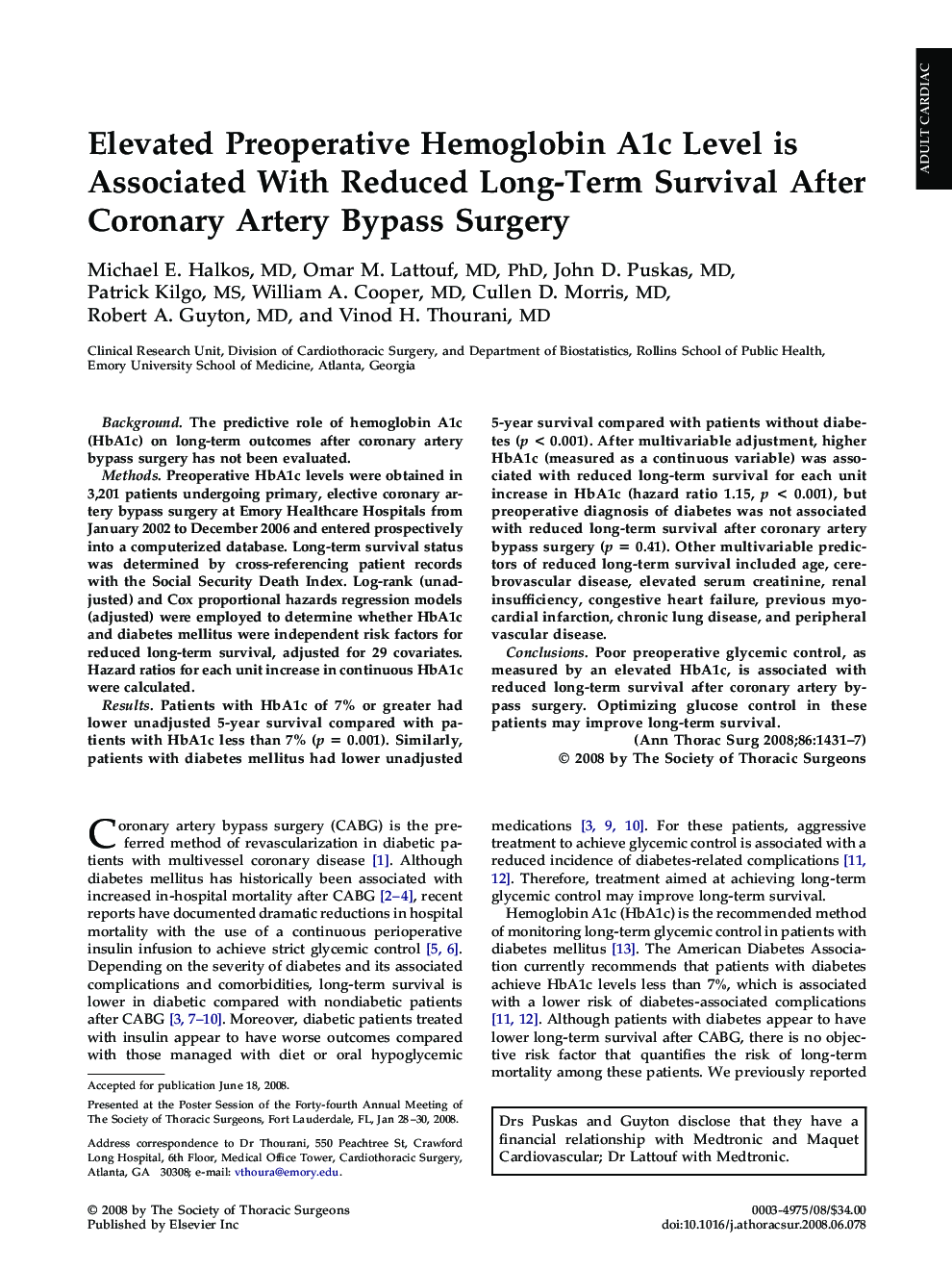 Elevated Preoperative Hemoglobin A1c Level is Associated With Reduced Long-Term Survival After Coronary Artery Bypass Surgery