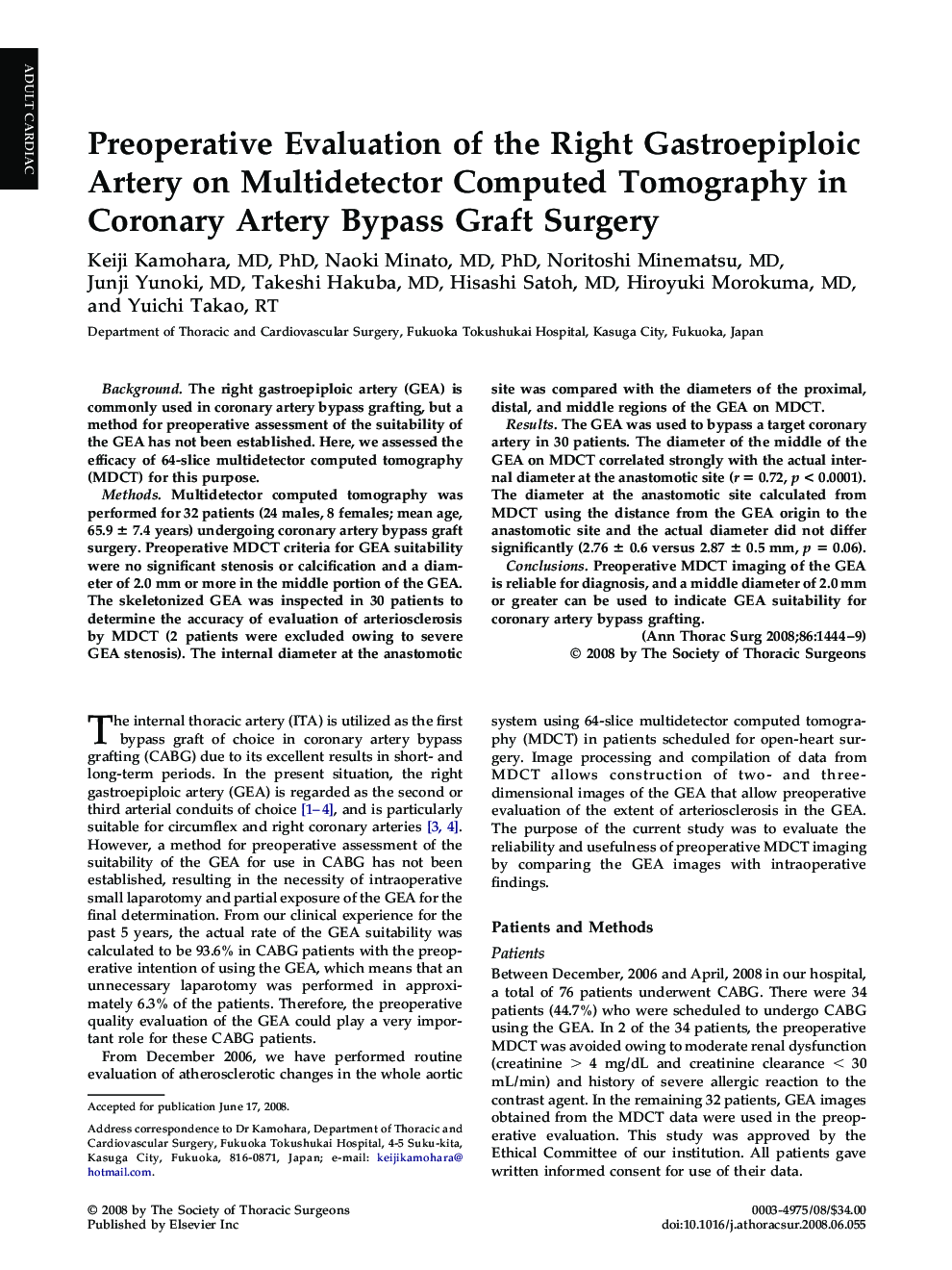 Preoperative Evaluation of the Right Gastroepiploic Artery on Multidetector Computed Tomography in Coronary Artery Bypass Graft Surgery