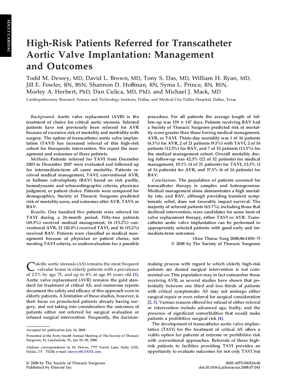 High-Risk Patients Referred for Transcatheter Aortic Valve Implantation: Management and Outcomes