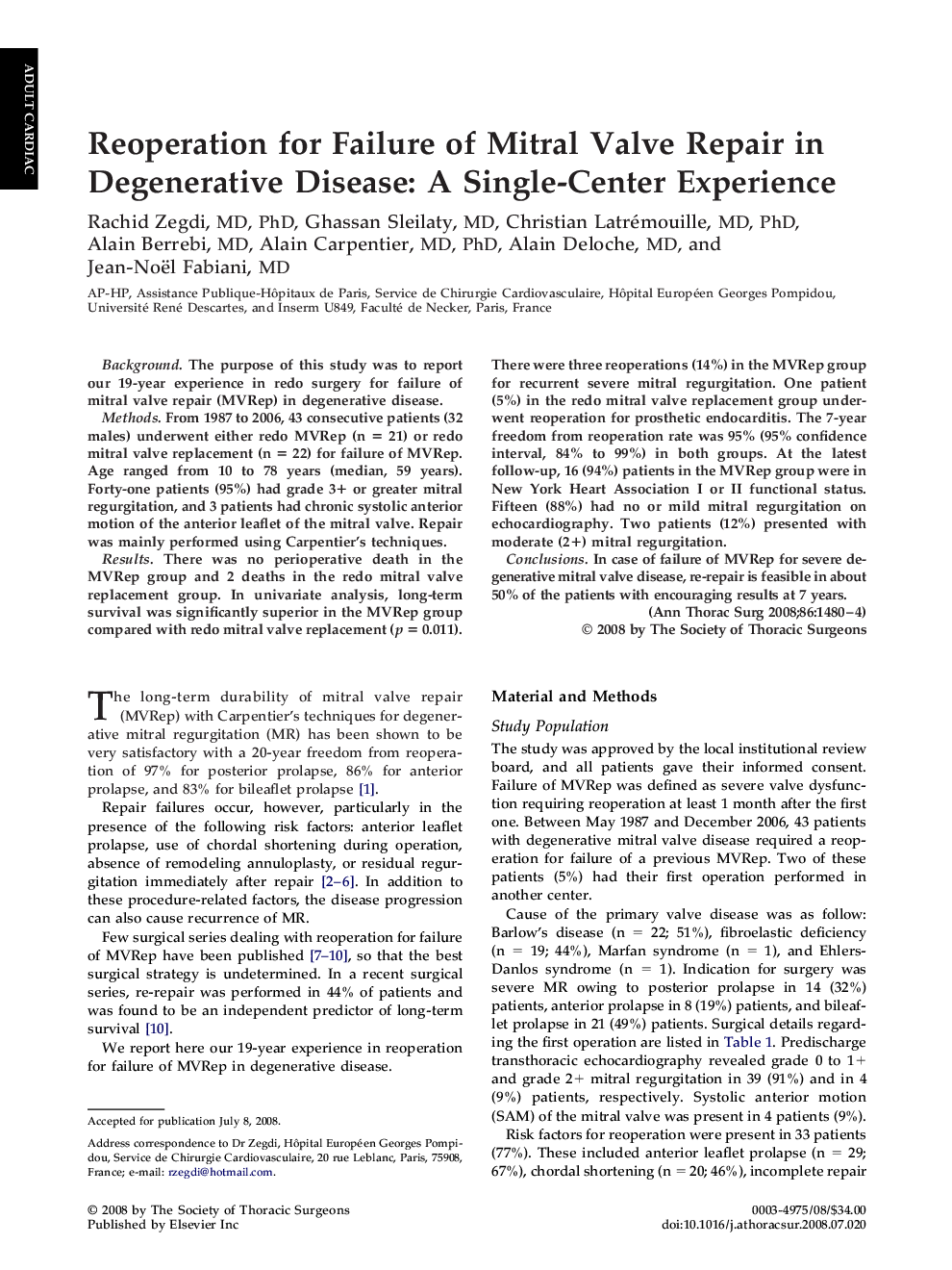 Reoperation for Failure of Mitral Valve Repair in Degenerative Disease: A Single-Center Experience