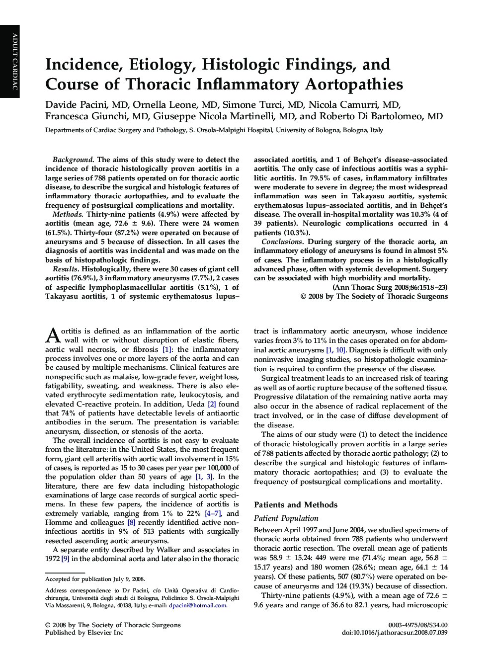 Incidence, Etiology, Histologic Findings, and Course of Thoracic Inflammatory Aortopathies