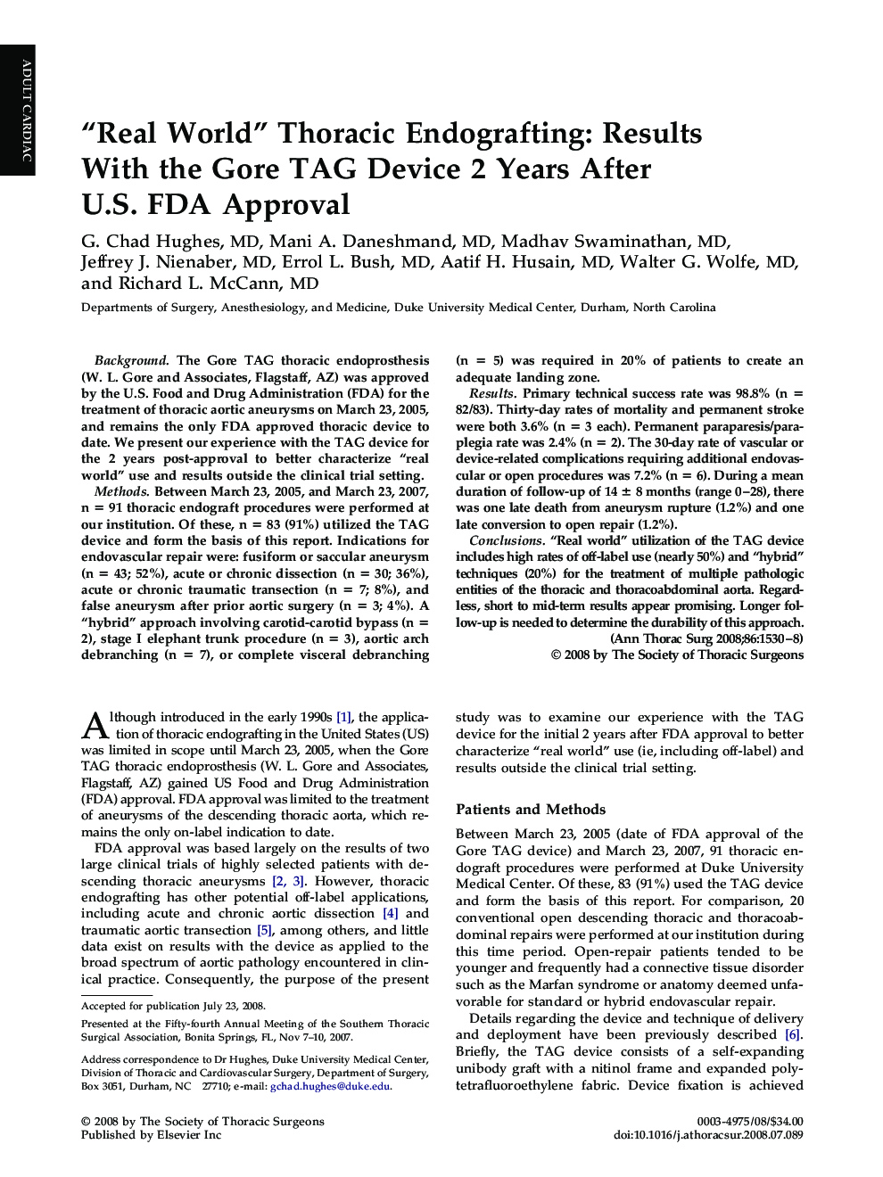 “Real World” Thoracic Endografting: Results With the Gore TAG Device 2 Years After U.S. FDA Approval