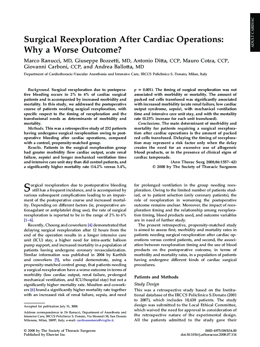 Surgical Reexploration After Cardiac Operations: Why a Worse Outcome?