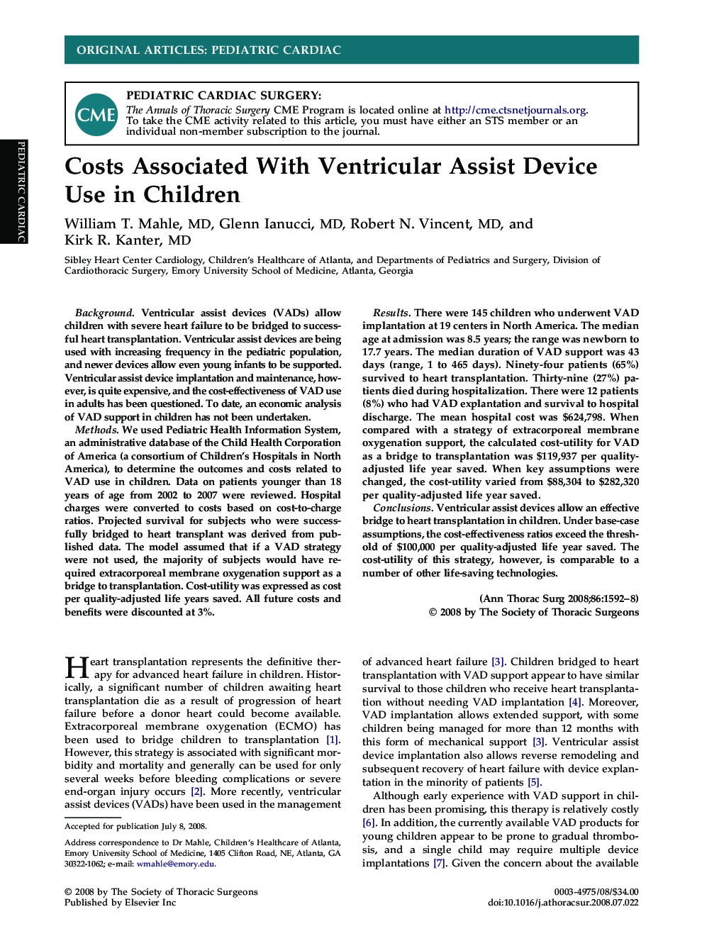 Costs Associated With Ventricular Assist Device Use in Children