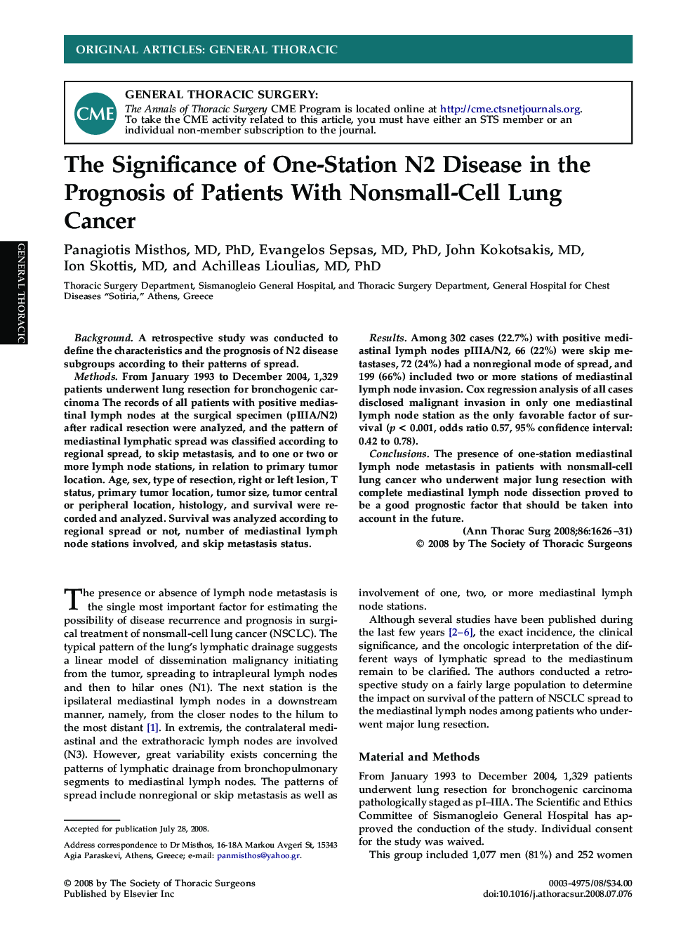 The Significance of One-Station N2 Disease in the Prognosis of Patients With Nonsmall-Cell Lung Cancer