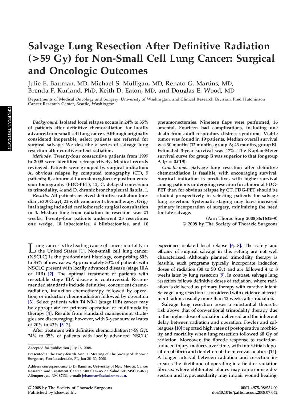 Salvage Lung Resection After Definitive Radiation (>59 Gy) for Non-Small Cell Lung Cancer: Surgical and Oncologic Outcomes