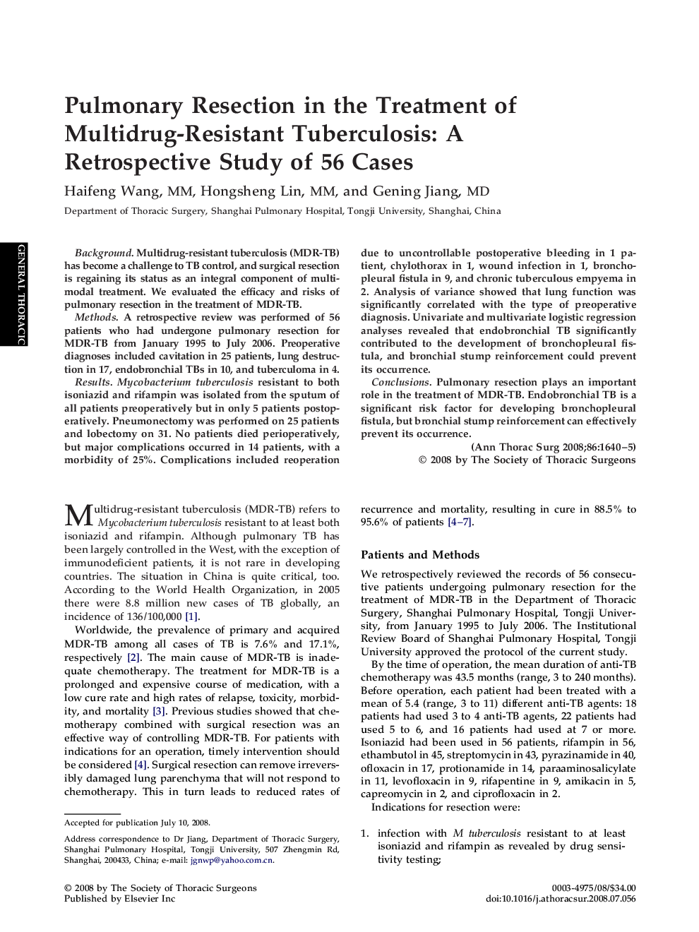 Pulmonary Resection in the Treatment of Multidrug-Resistant Tuberculosis: A Retrospective Study of 56 Cases