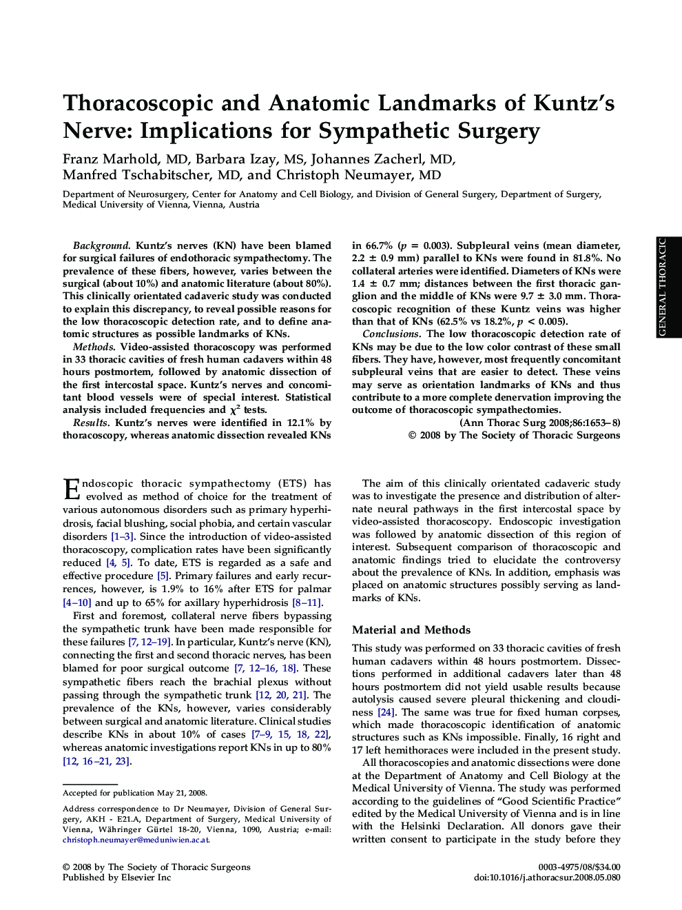 Thoracoscopic and Anatomic Landmarks of Kuntz's Nerve: Implications for Sympathetic Surgery