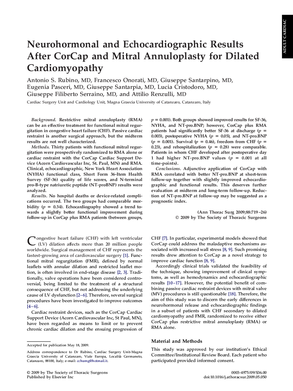 Neurohormonal and Echocardiographic Results After CorCap and Mitral Annuloplasty for Dilated Cardiomyopathy