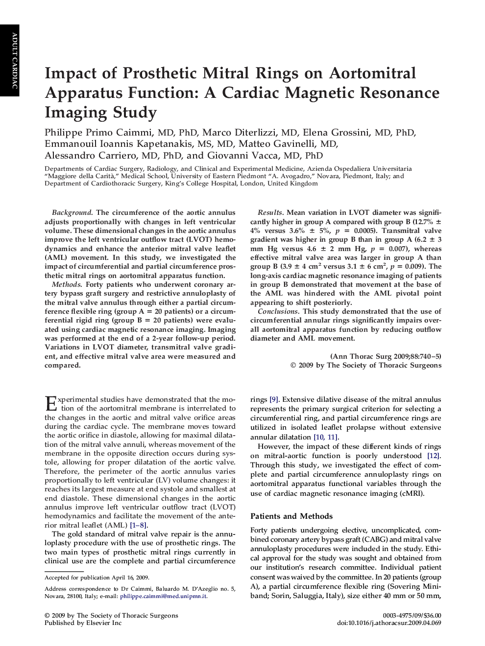 Impact of Prosthetic Mitral Rings on Aortomitral Apparatus Function: A Cardiac Magnetic Resonance Imaging Study