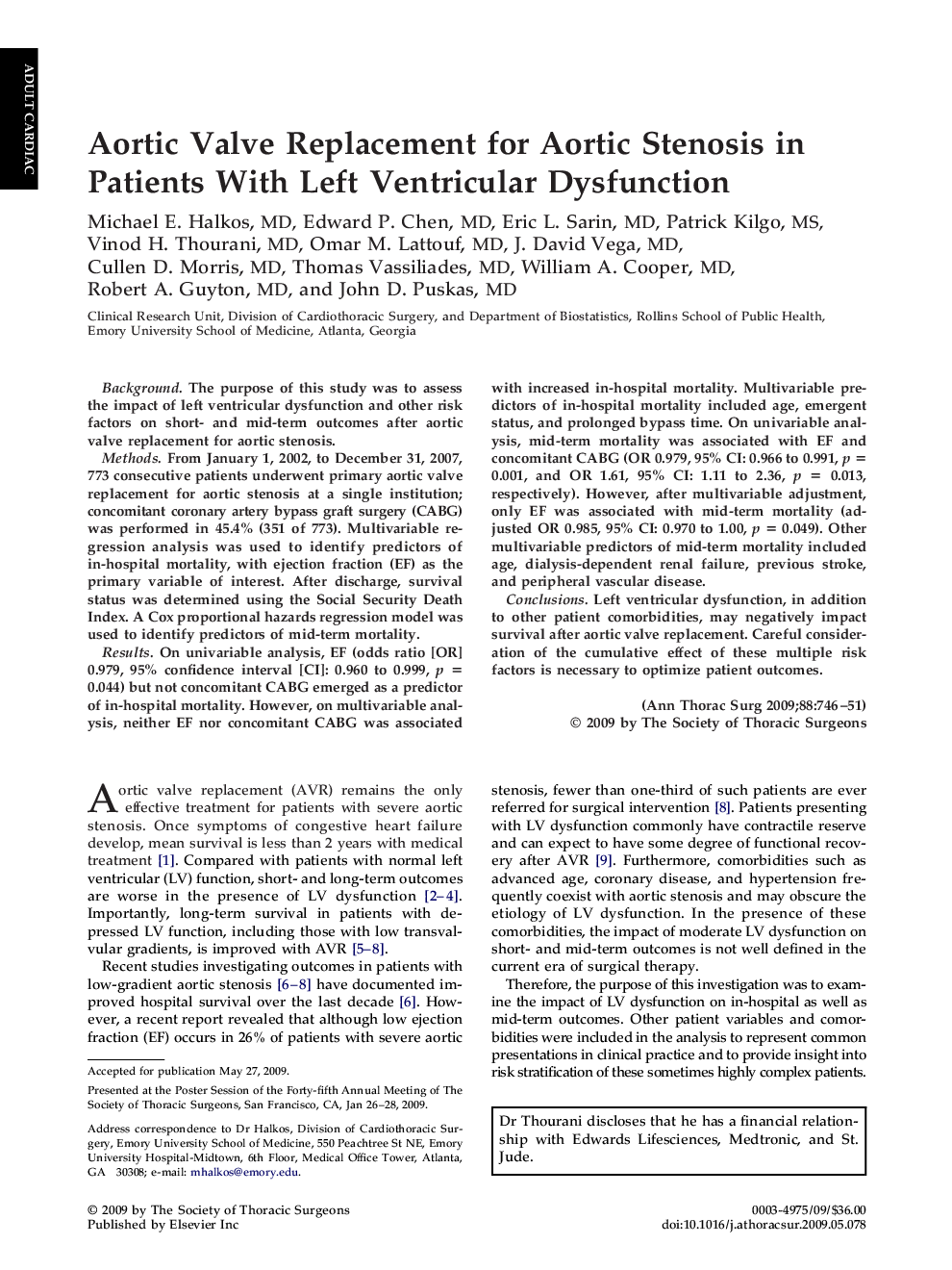 Aortic Valve Replacement for Aortic Stenosis in Patients With Left Ventricular Dysfunction