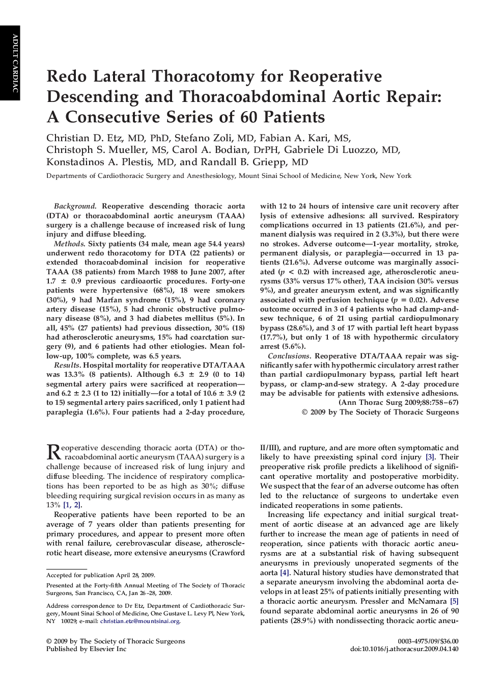 Redo Lateral Thoracotomy for Reoperative Descending and Thoracoabdominal Aortic Repair: A Consecutive Series of 60 Patients