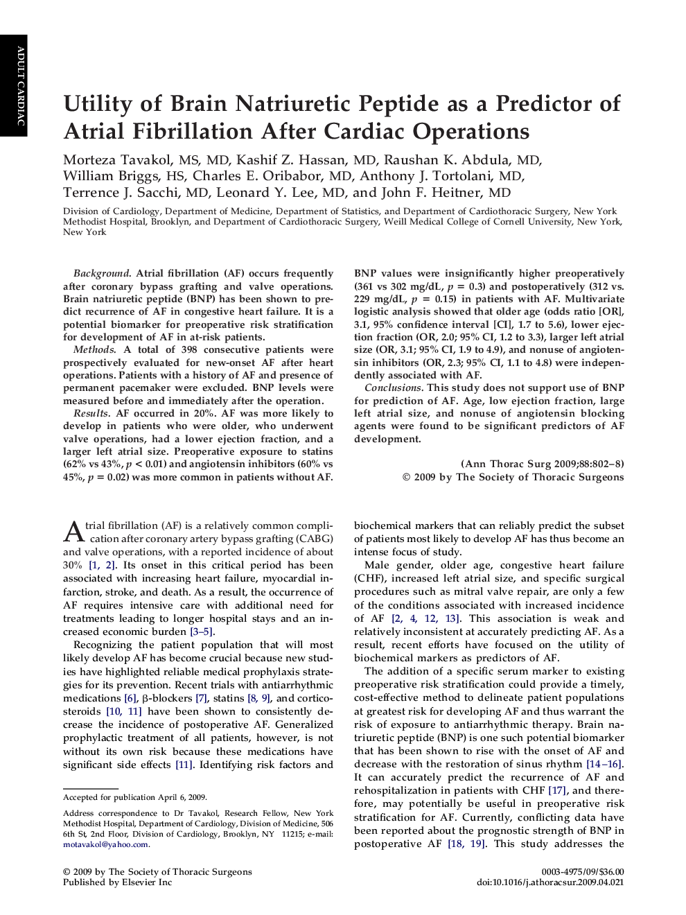 Utility of Brain Natriuretic Peptide as a Predictor of Atrial Fibrillation After Cardiac Operations