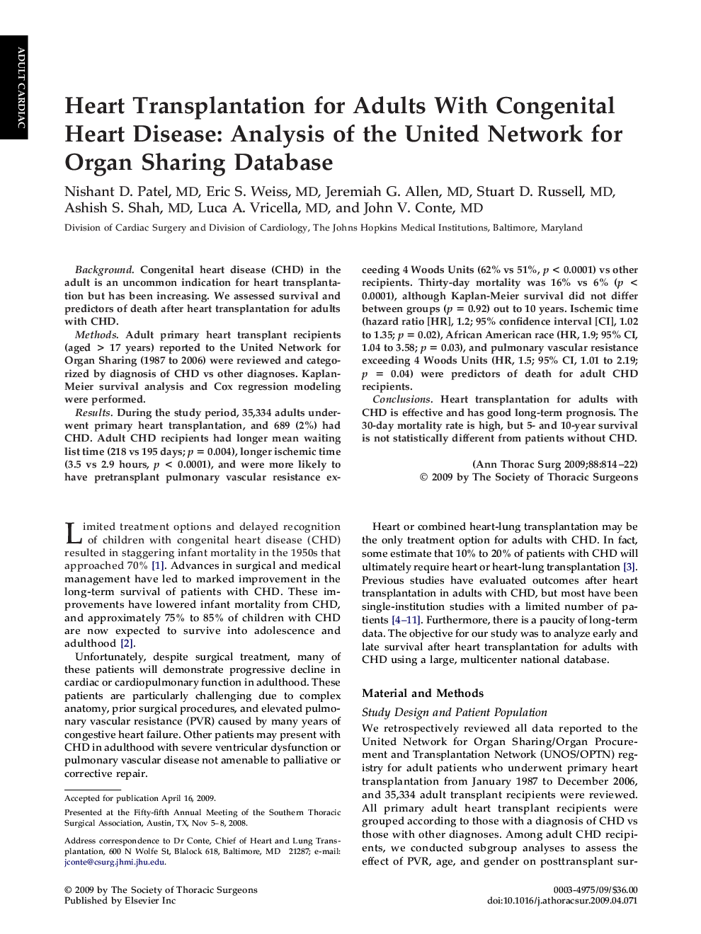 Heart Transplantation for Adults With Congenital Heart Disease: Analysis of the United Network for Organ Sharing Database