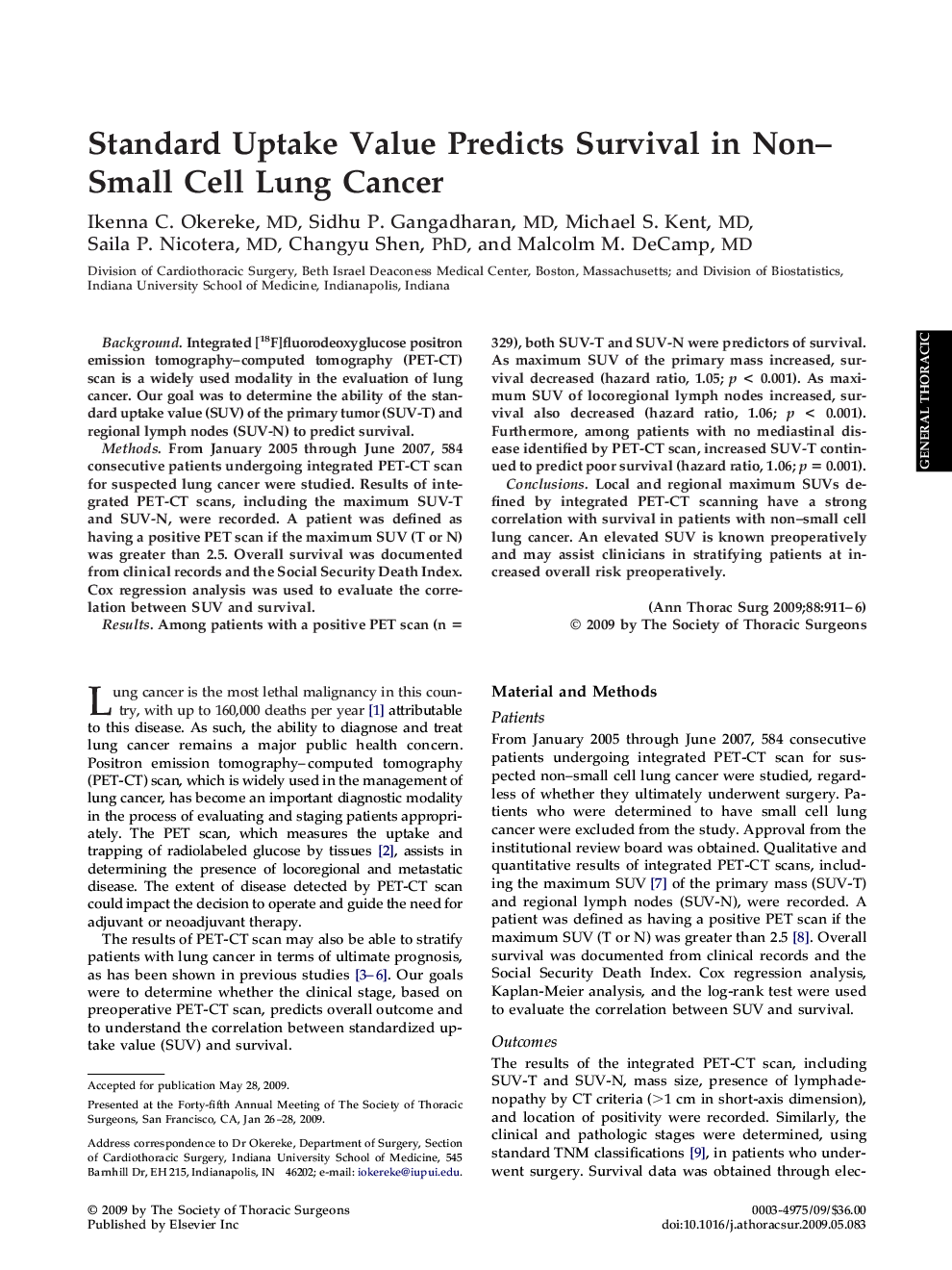 Standard Uptake Value Predicts Survival in Non-Small Cell Lung Cancer