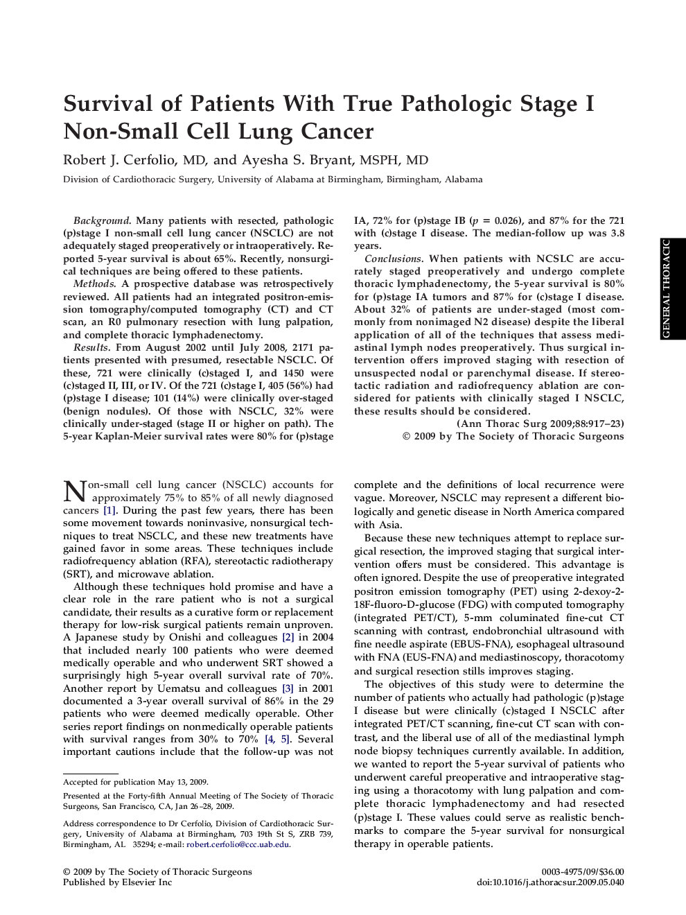 Survival of Patients With True Pathologic Stage I Non-Small Cell Lung Cancer