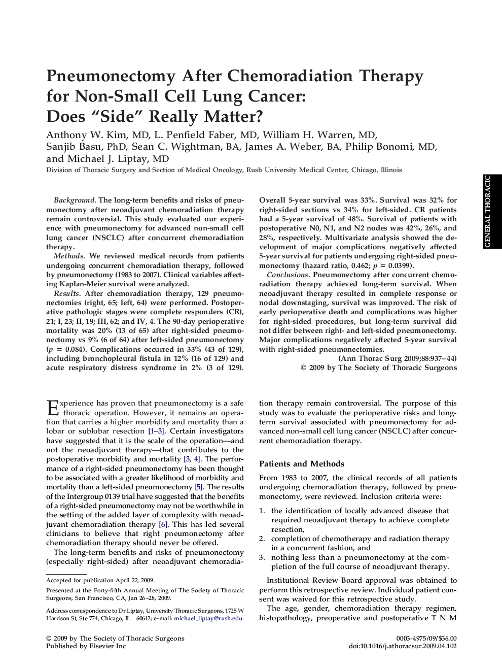 Pneumonectomy After Chemoradiation Therapy for Non-Small Cell Lung Cancer: Does “Side” Really Matter?