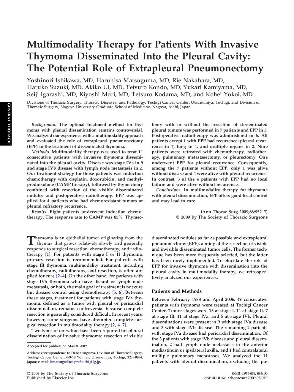 Multimodality Therapy for Patients With Invasive Thymoma Disseminated Into the Pleural Cavity: The Potential Role of Extrapleural Pneumonectomy