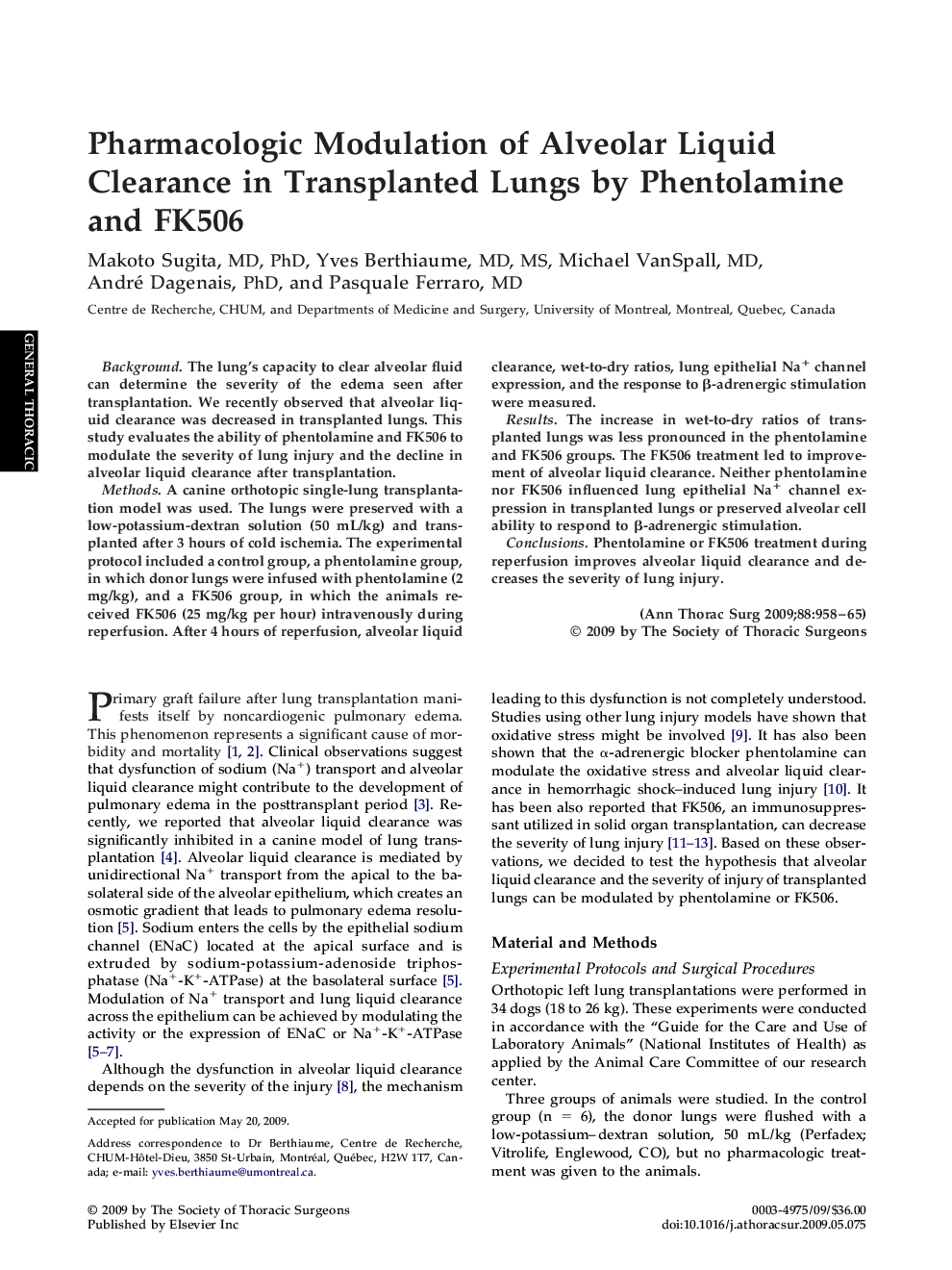 Pharmacologic Modulation of Alveolar Liquid Clearance in Transplanted Lungs by Phentolamine and FK506