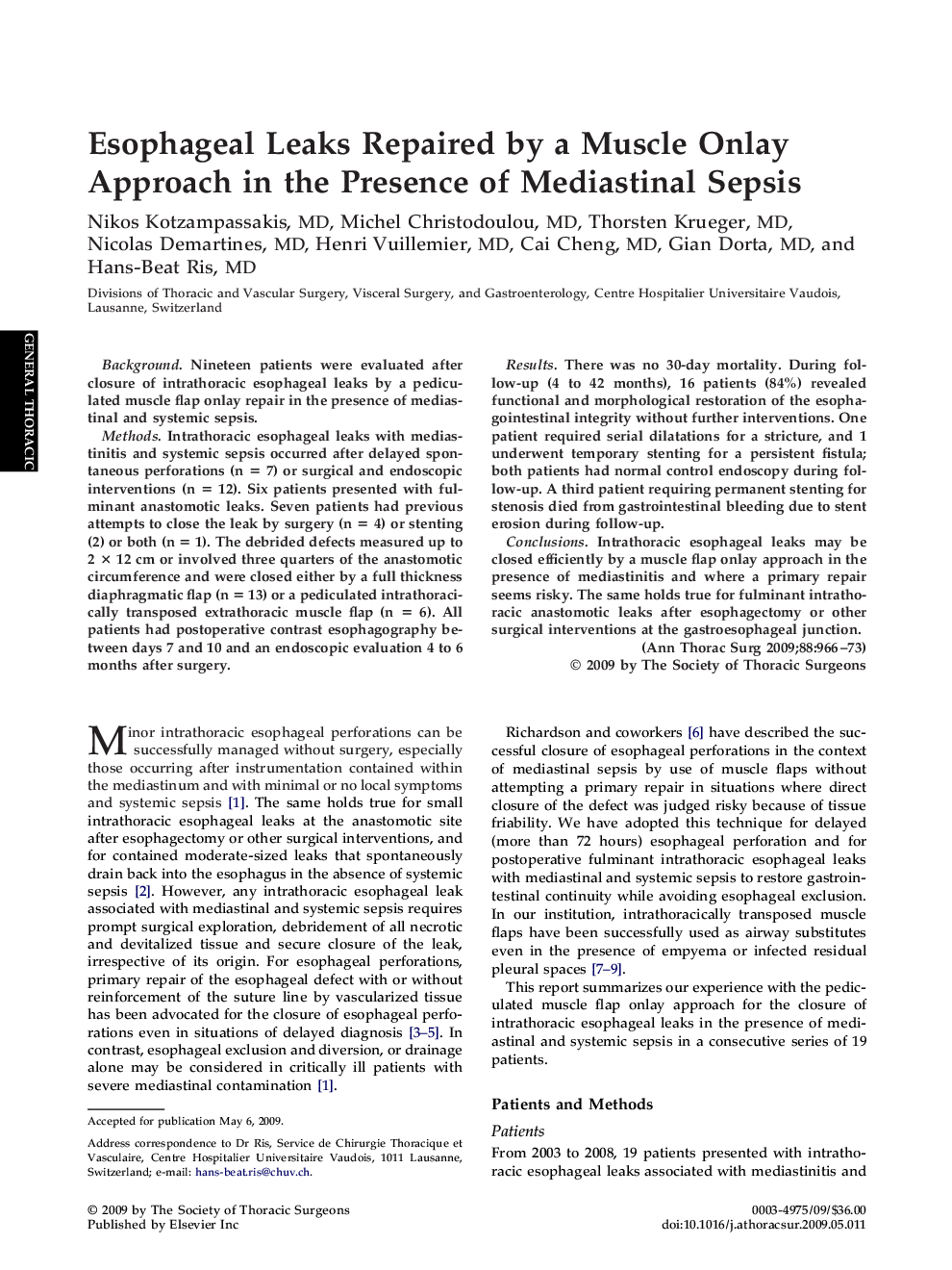 Esophageal Leaks Repaired by a Muscle Onlay Approach in the Presence of Mediastinal Sepsis