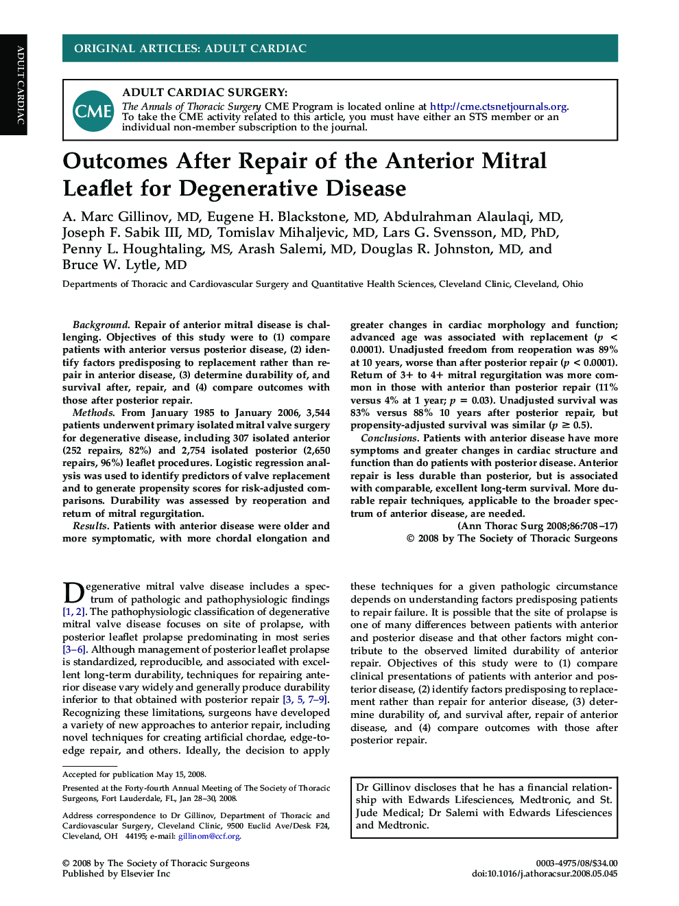 Outcomes After Repair of the Anterior Mitral Leaflet for Degenerative Disease