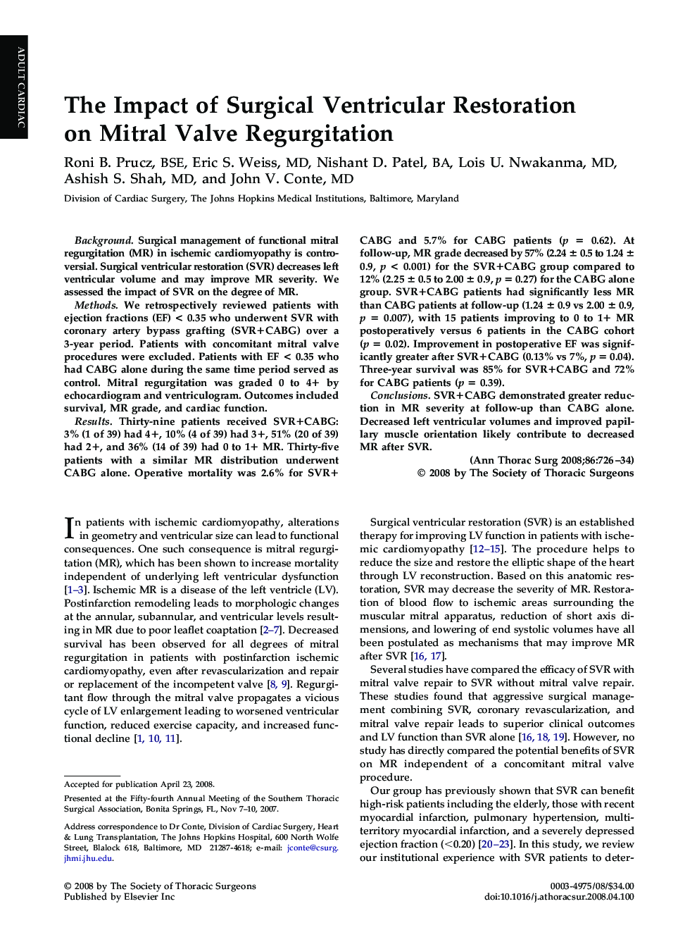 The Impact of Surgical Ventricular Restoration on Mitral Valve Regurgitation