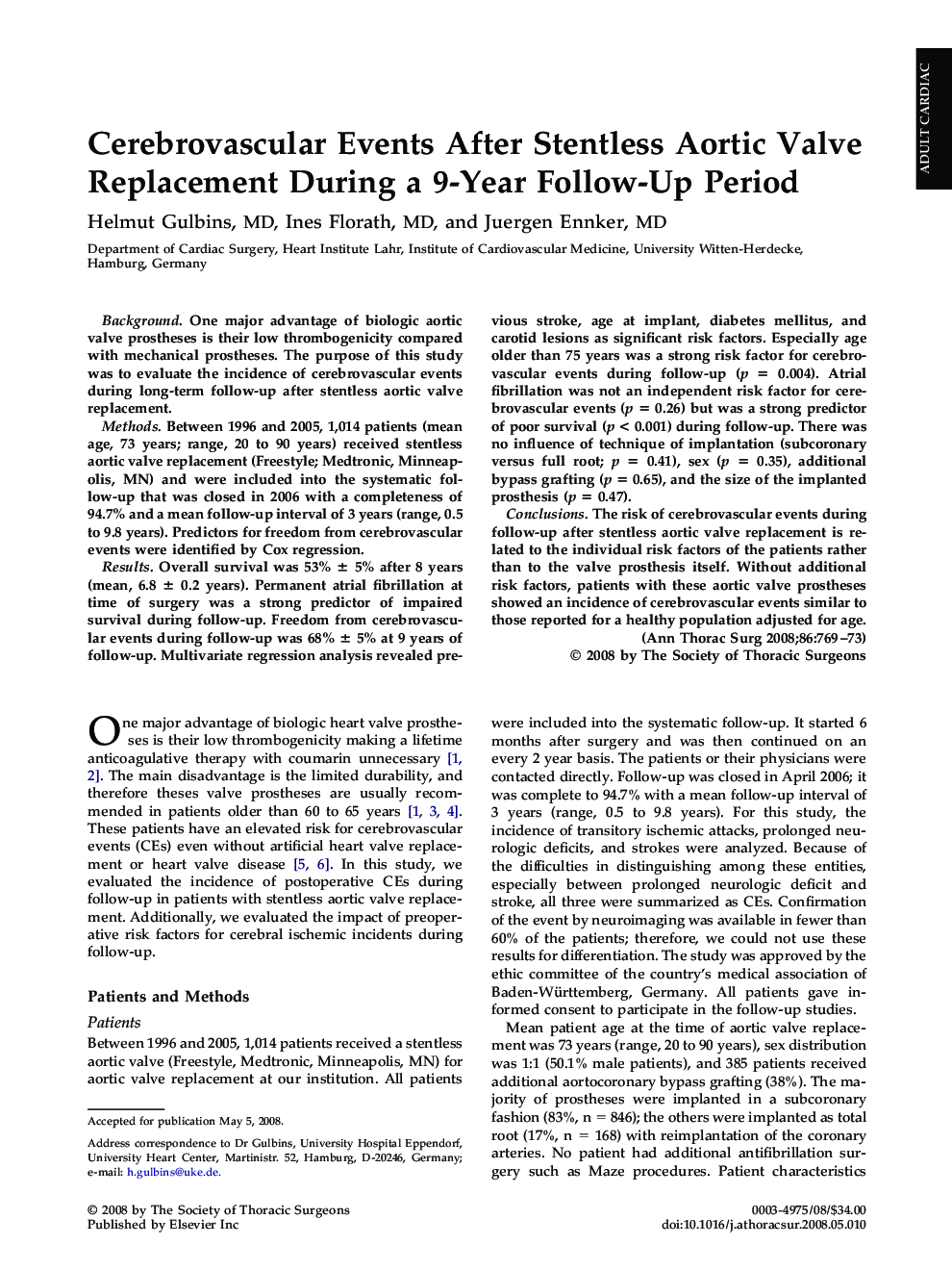 Cerebrovascular Events After Stentless Aortic Valve Replacement During a 9-Year Follow-Up Period