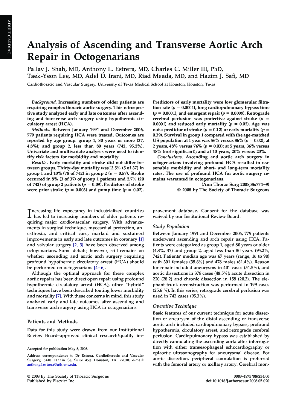 Analysis of Ascending and Transverse Aortic Arch Repair in Octogenarians